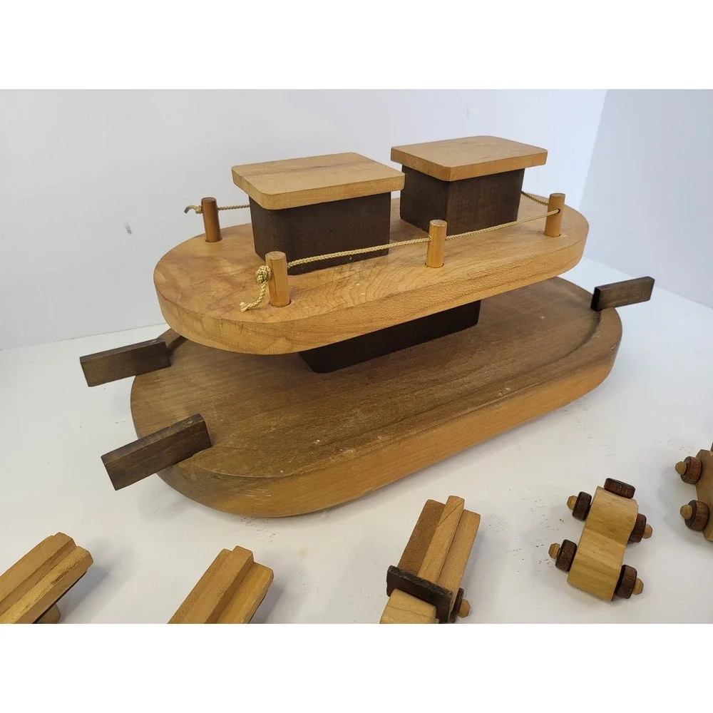 Tucker Toys Wooden Ferry Boat Set with 6 Cars and Trucks Made in USA Vintage